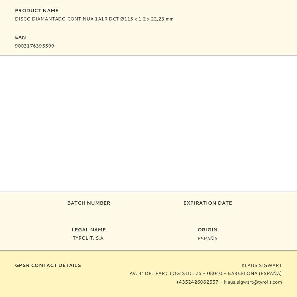 Disco diamantado continuo 1a1r dct ø115 x 1,2 x 22,23 mm