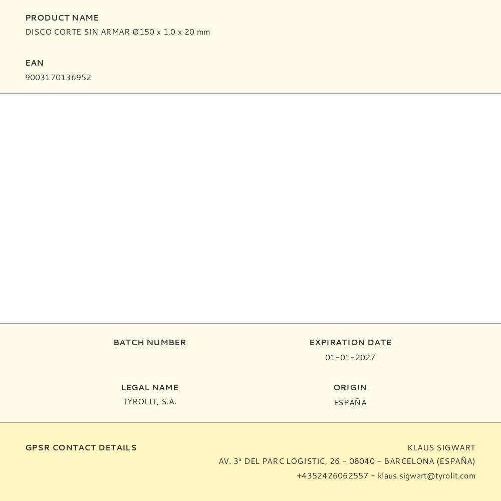 Disco corte sin armar acero rápido ø150 x 1,0 x 20 mm