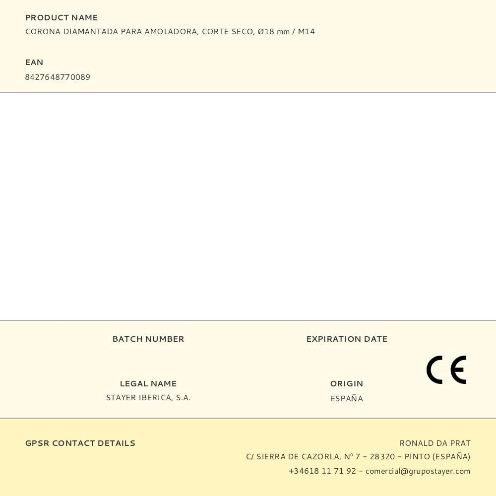 Corona diamantada para amoladora, corte seco, ø18 mm / m14