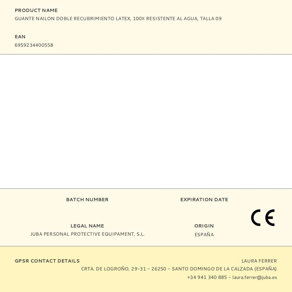 Guante nailon doble recubrimiento latex, 100% resistente al agua, t-09