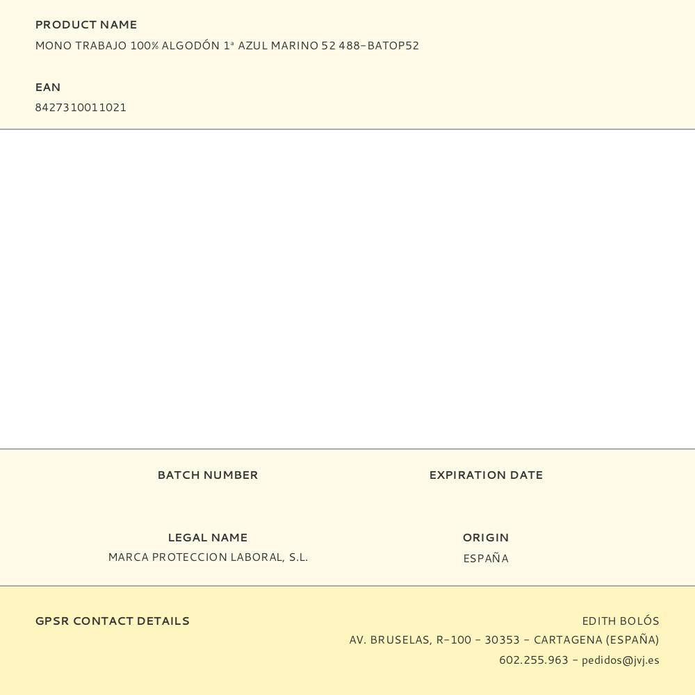 Mono trabajo 100% algodón 1ª azul marino 52 488-batop52