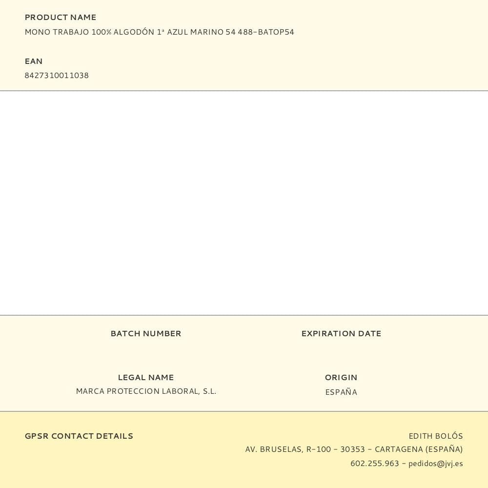 Mono trabajo 100% algodón 1ª azul marino 54 488-batop54