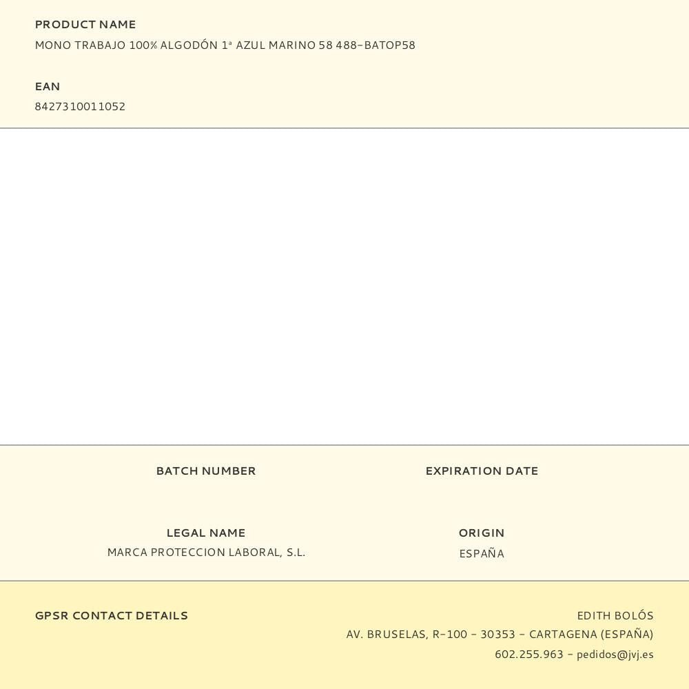 Mono trabajo 100% algodón 1ª azul marino 58 488-batop58