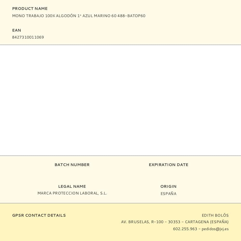 Mono trabajo 100% algodón 1ª azul marino 60 488-batop60