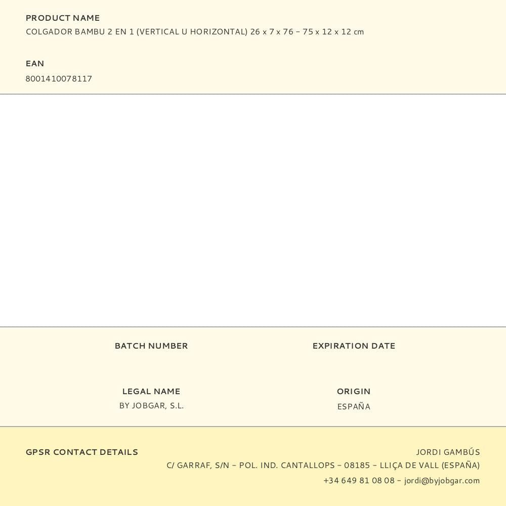 Colgador bambu 2 en 1 (vertical u horizontal) 26 x 7 x 76 - 75 x 12 x 12 cm