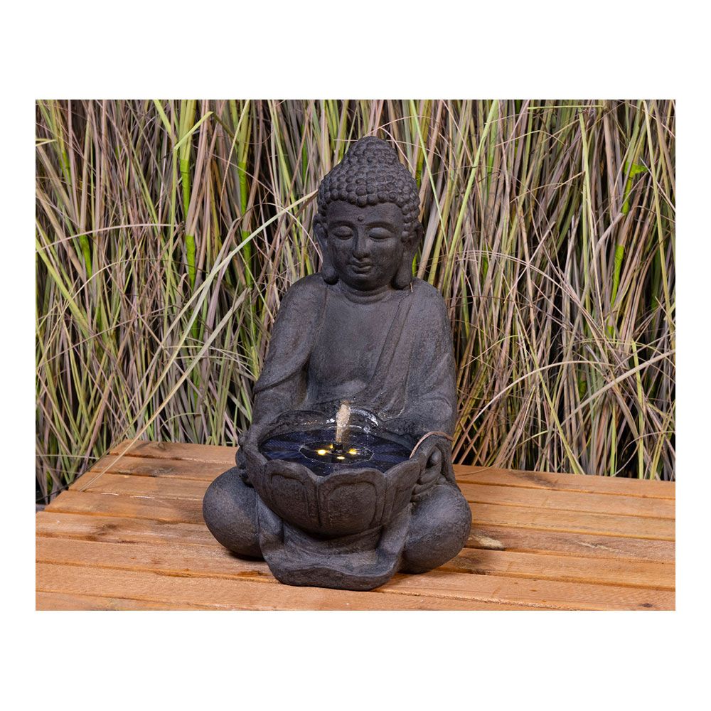 Fuente solar para exterior ip68, de poliresina, modelo buda, luz cálida - 29,5 x 28 x 45 cm