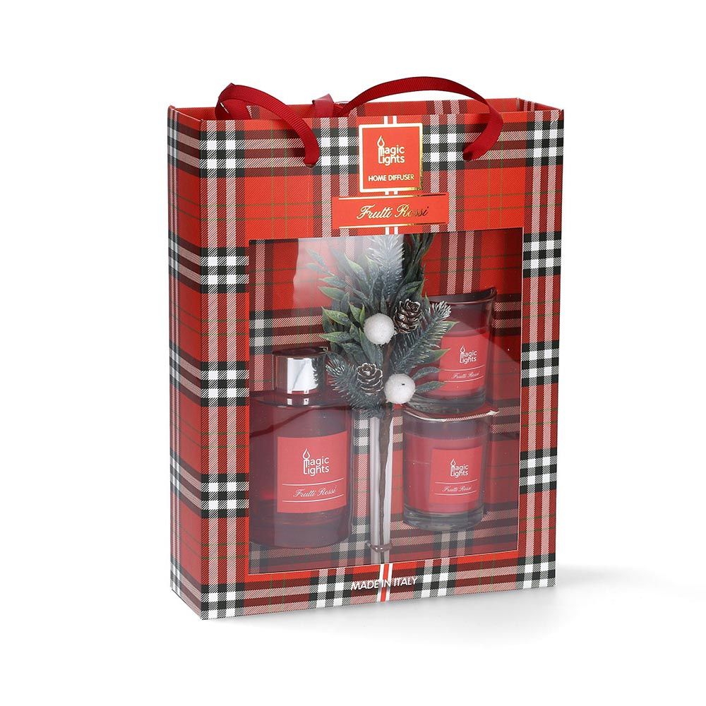 Estuche mikado difusor + 2 velas frutos rojos