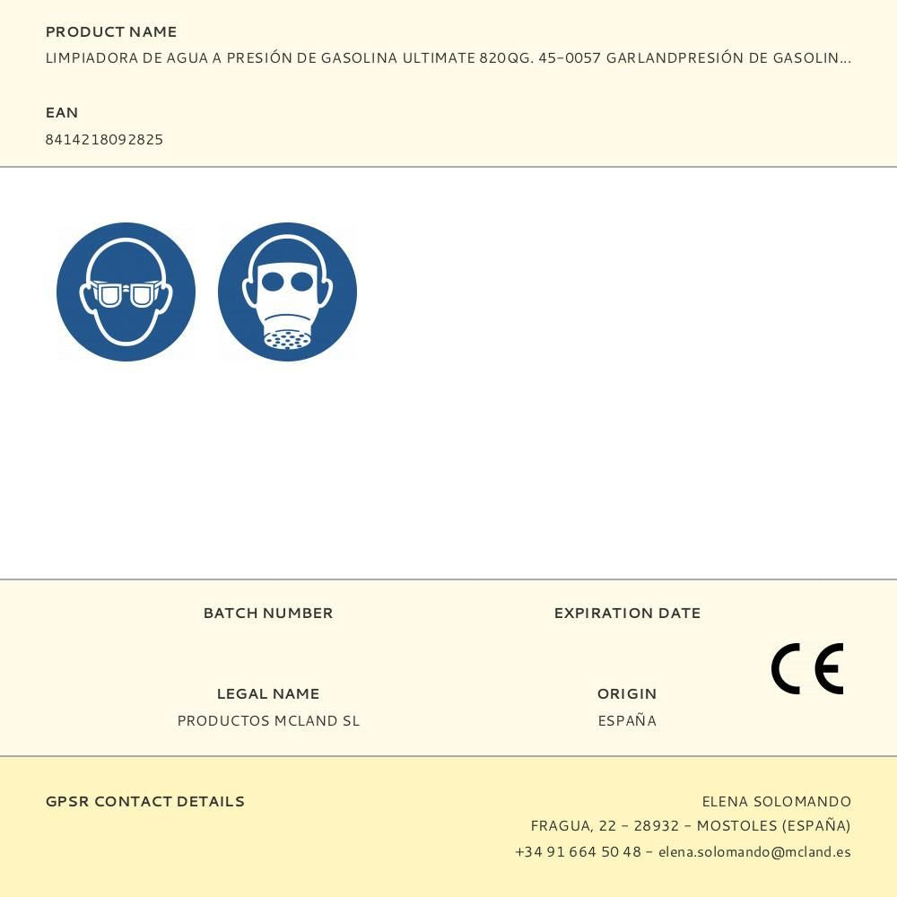 Limpiadora de agua a presión de gasolina ultimate 820qg. 45-0057 garlandpresión de gasolina ultimate 820qg. 45-0057 garland