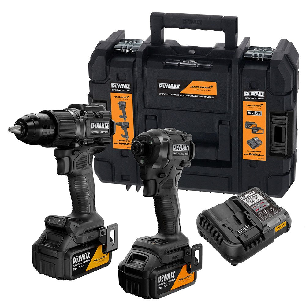 Kit taladro percutor dcd86 mclaren xr 18 v, + atornillador impacto dcf86 + 2 baterías 5 ah + cargador