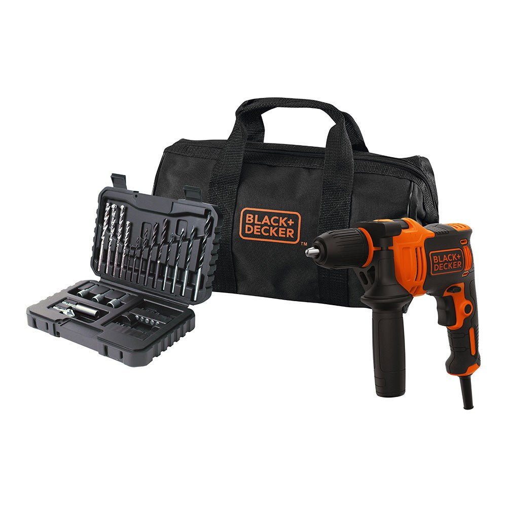 Kit taladro percutor 710 w, ø13mm + 32 accesorios en maletín + bolsa transporte, con cable