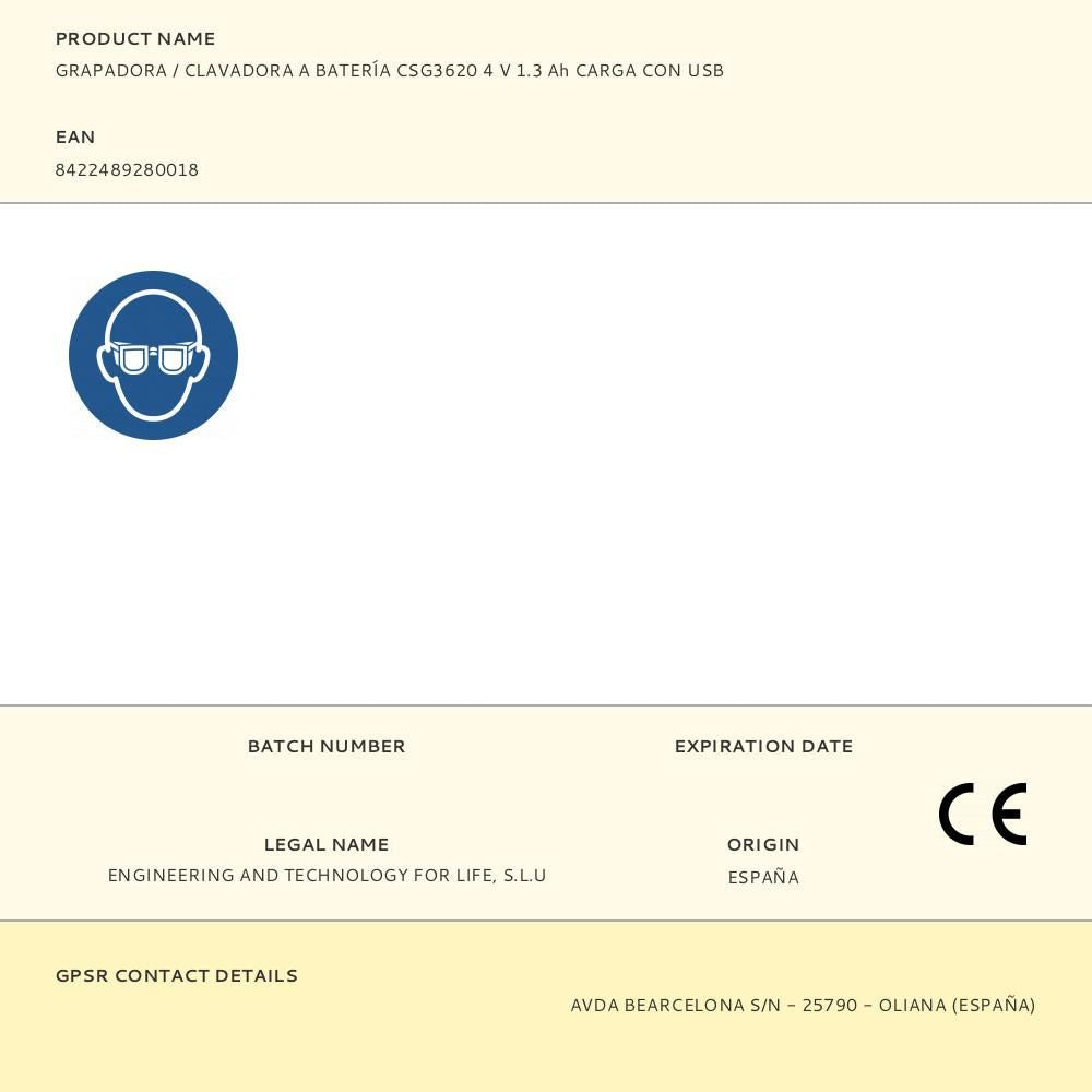 Grapadora / clavadora a batería csg3620 4 v 1.3 ah carga con usb