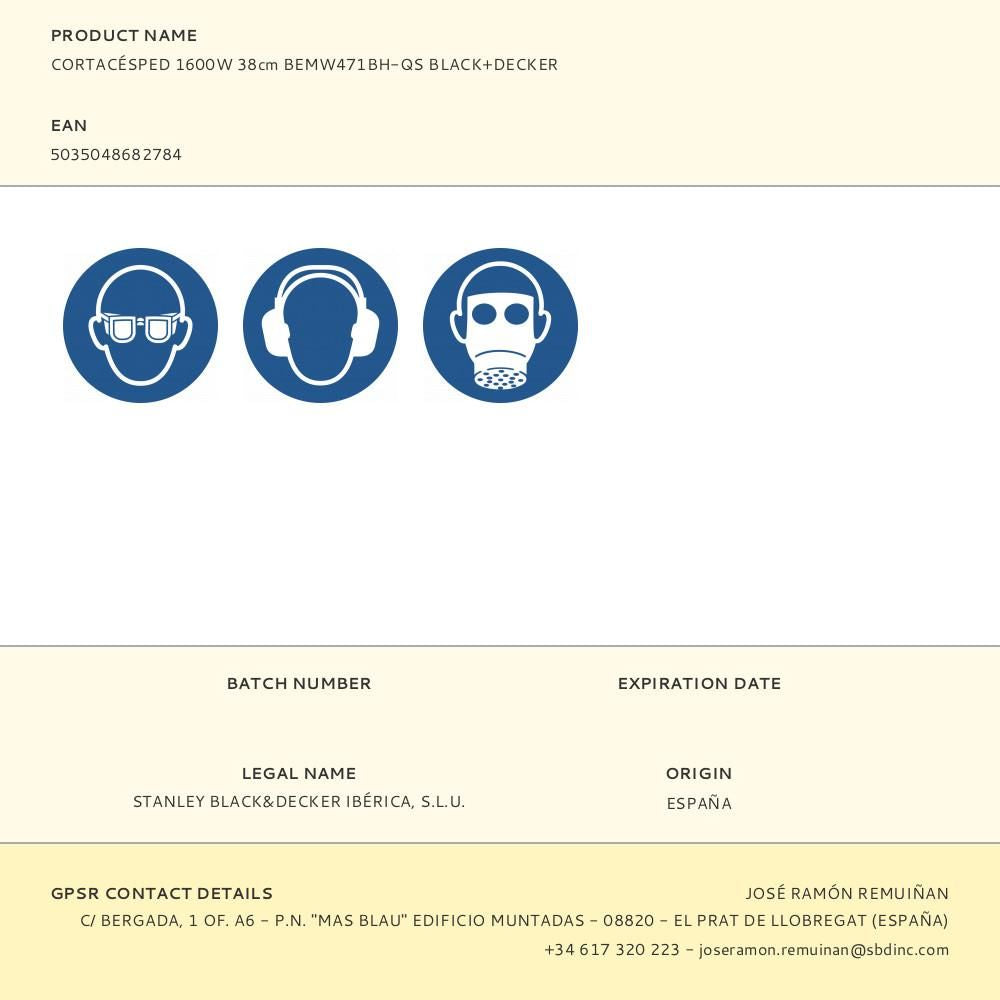 Cortacésped 1600w 38cm bemw471bh-qs black+decker