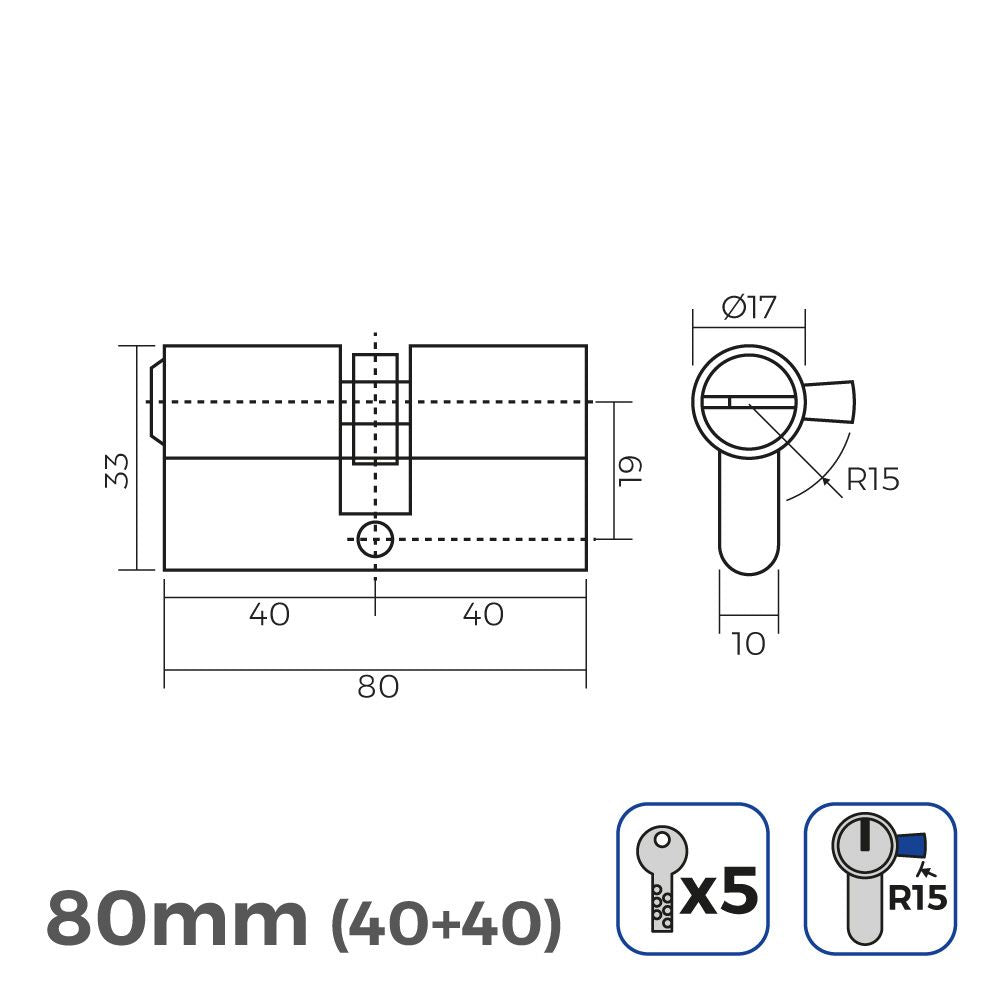 Cilindro latón 80 mm (40+40 mm) leva larga r15 con 5 llaves de seguridad incluidas