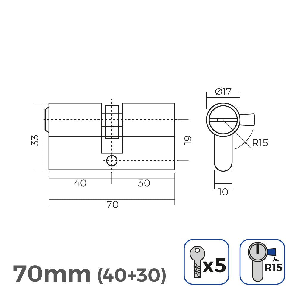 Bombin niquel 70mm (40+30mm) leva larga r15 con 5 llaves seguridad incluidas edm