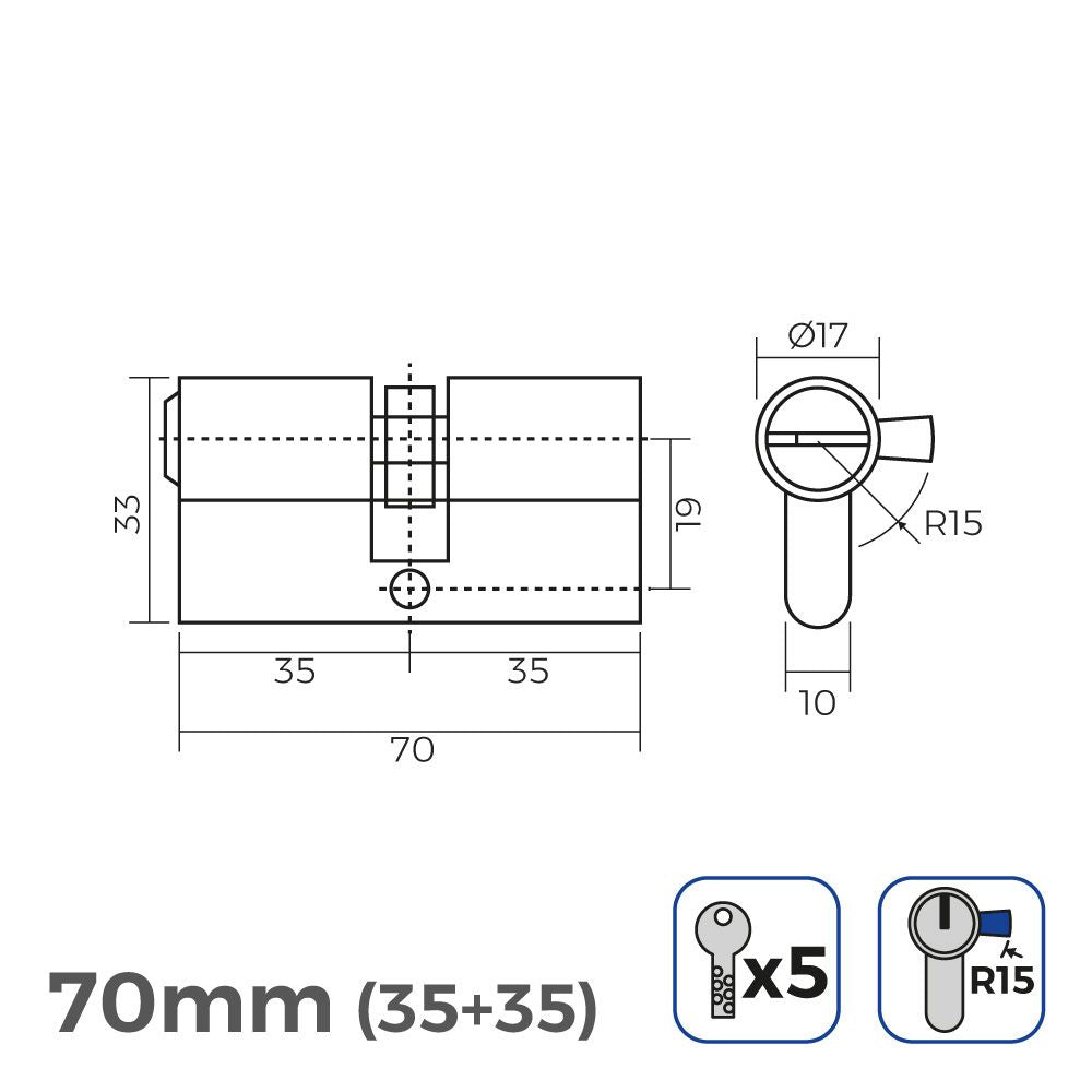 Cilindro 70mm (35+35mm) niquelado, leva larga r15 con 5 llaves seguridad incluidas