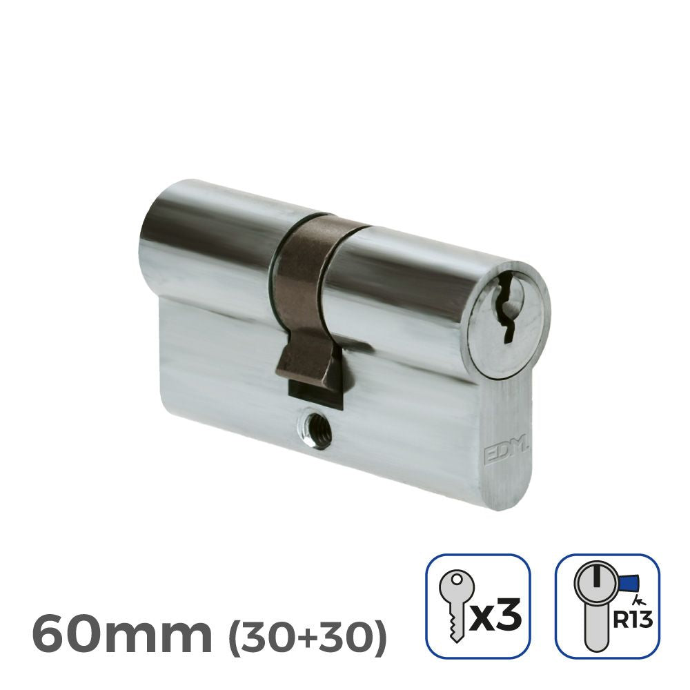 Cilindro 60 mm (30+30 mm) niquelado, leva corta r13 con 3 llaves de serreta incluidas