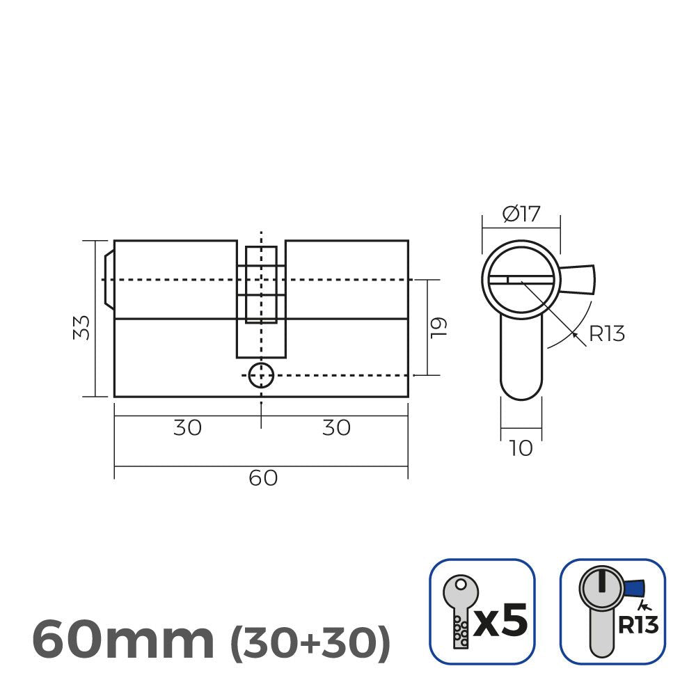Cilindro 60mm (30+30mm) niquelado, leva corta r13 con 5 llaves seguridad incluidas