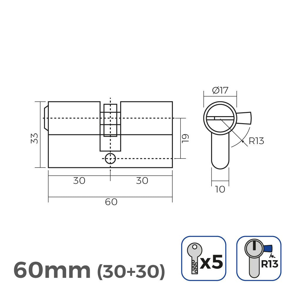 Cilindro de latón 60mm (30+30mm) leva corta r13 con 5 llaves de seguridad incluidas