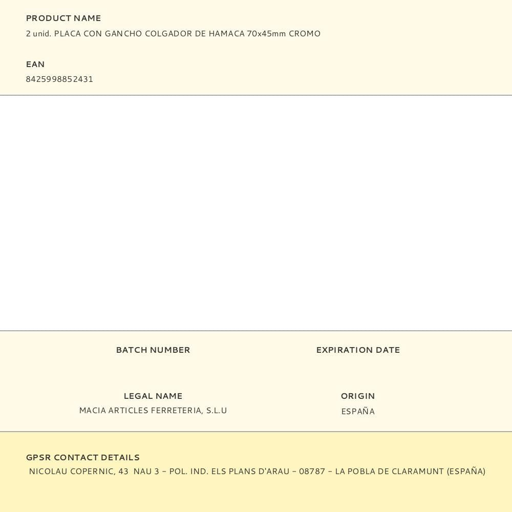 2 unid. placa con gancho colgador de hamaca 70x45mm cromo