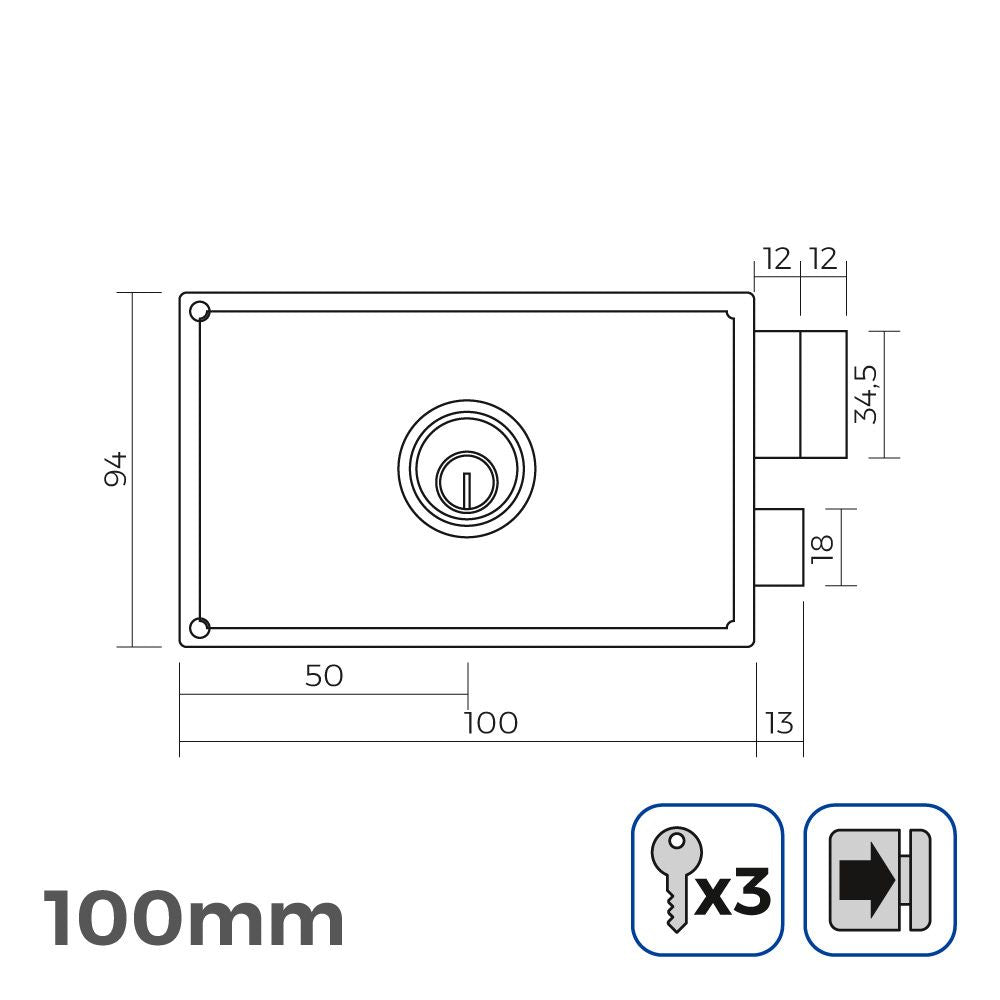 Cerradura derecha 100mm 3 llaves incluidas