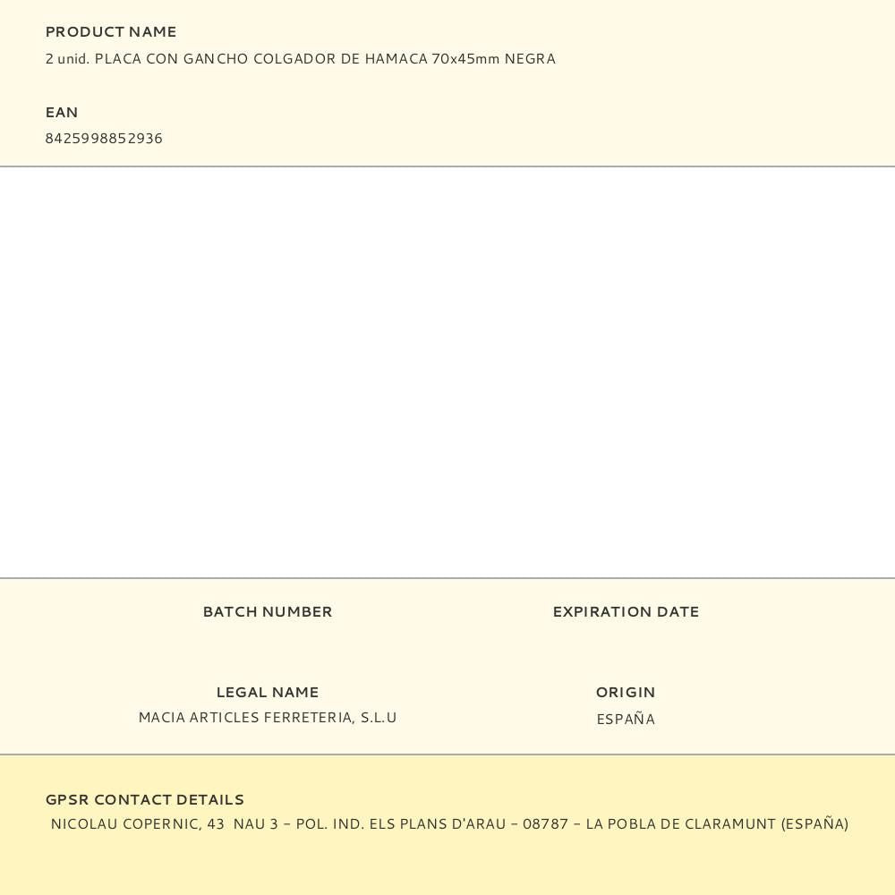 2 unid. placa con gancho colgador de hamaca 70x45mm negra