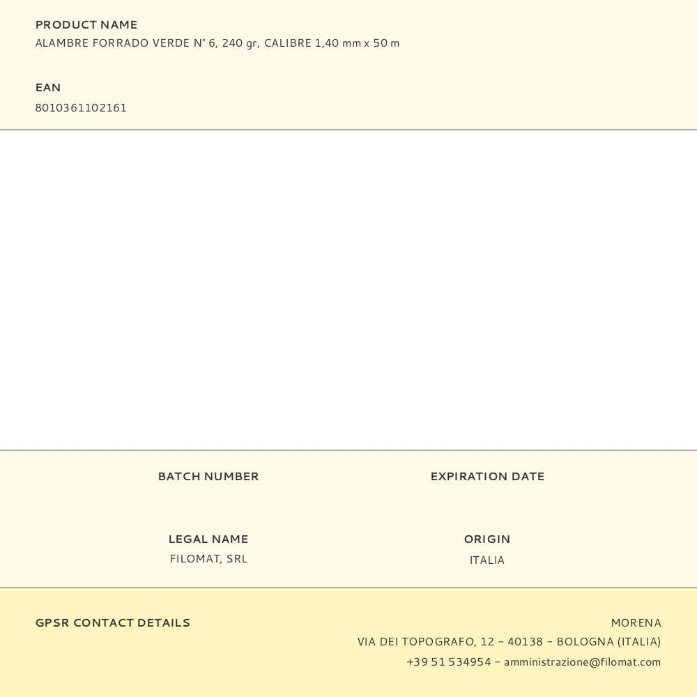 Alambre forrado verde n° 6, 240 gr, calibre 1,40 mm x 50 m