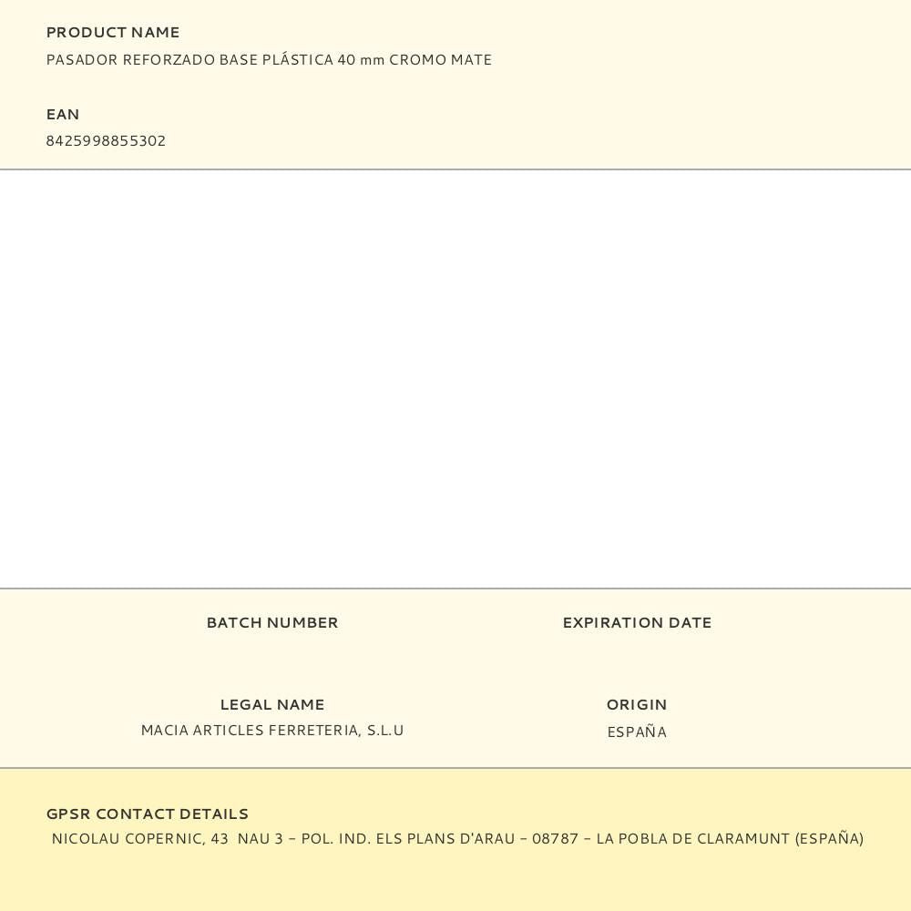 Pasador reforzado base plástica 40 mm cromo mate