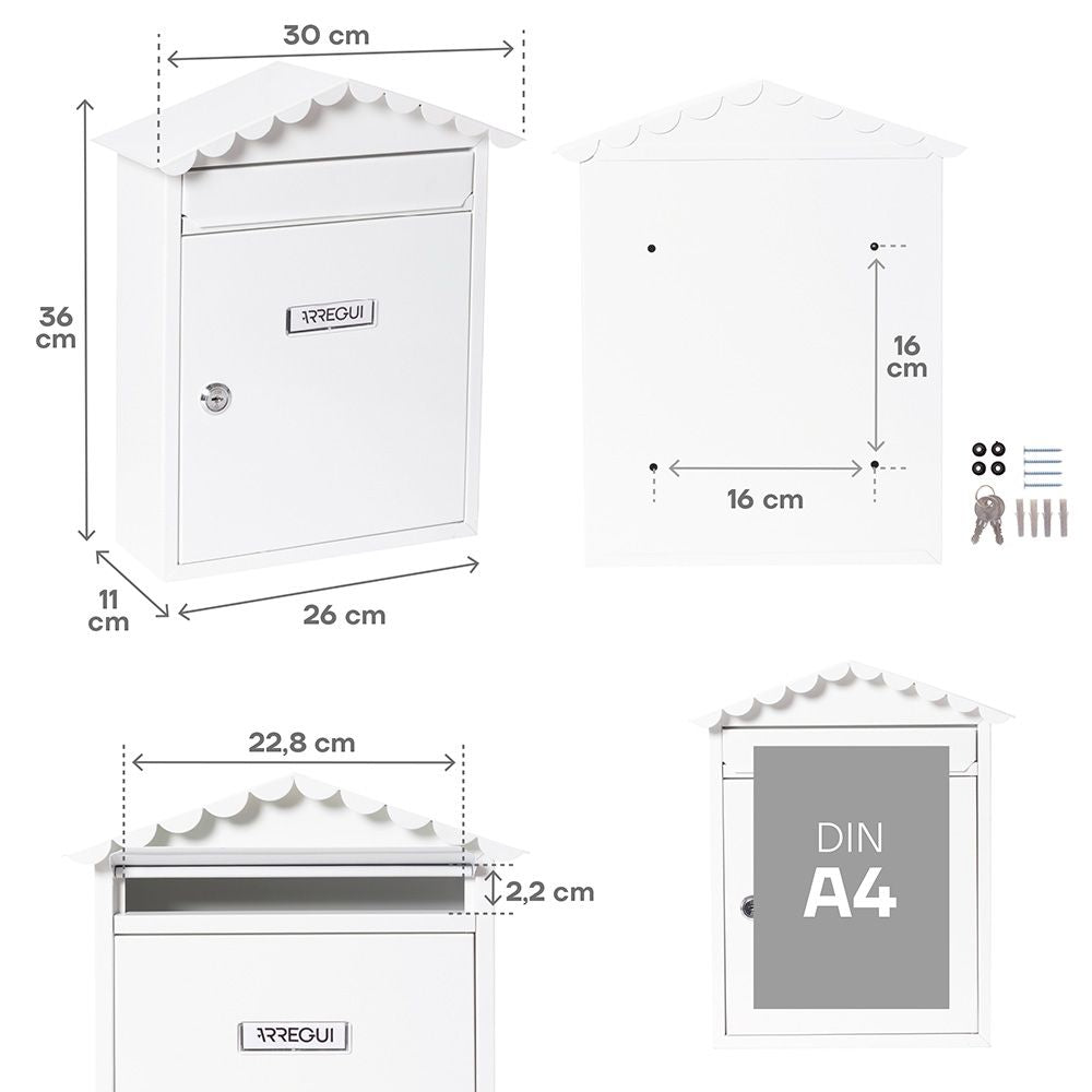 Buzón individual exterior, mediano, visit, acero, blanco, 30 x 11 x 36 cm