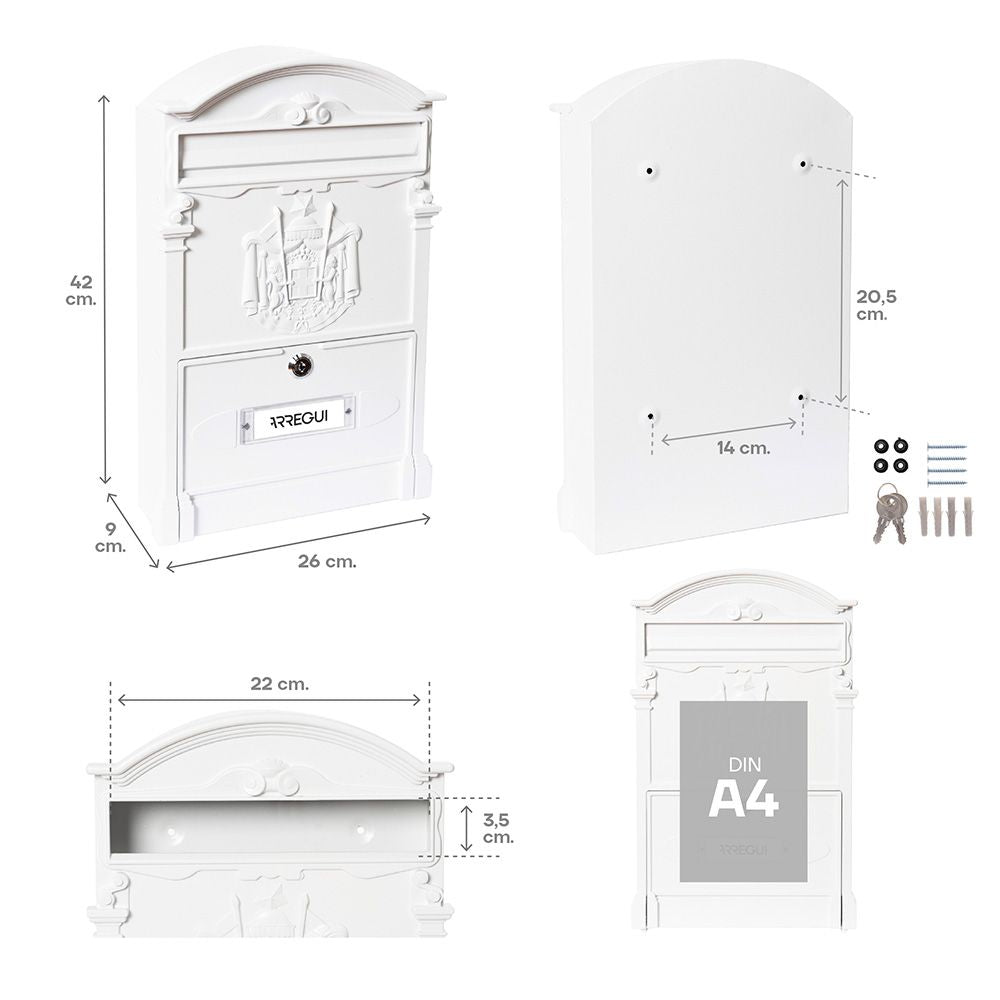 Buzón individual exterior mediano, residencia, aluminio, blanco, 26 x 9 x 42 cm