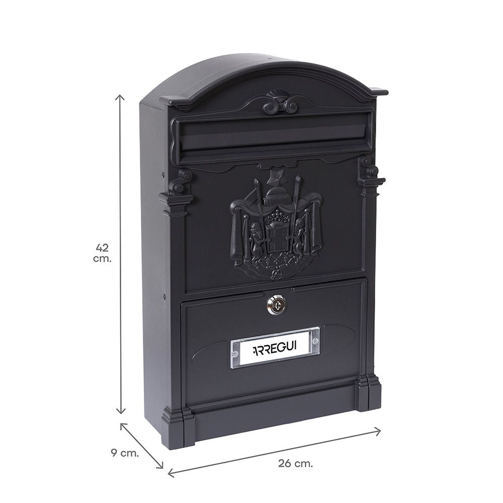 Buzón individual exterior mediano, residencia, aluminio, negro, 26 x 9 x 42 cm