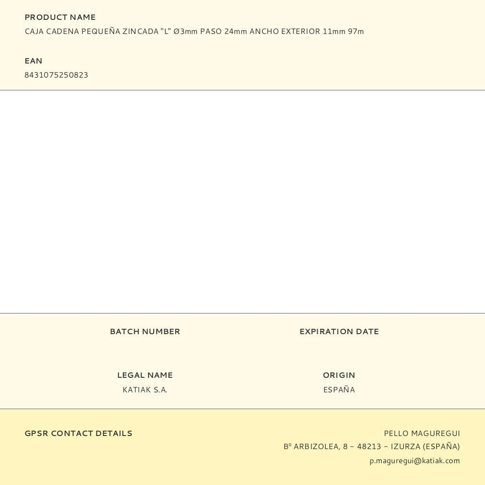 Caja cadena pequeña zincada "l" ø3mm paso 24mm ancho exterior 11mm 97m