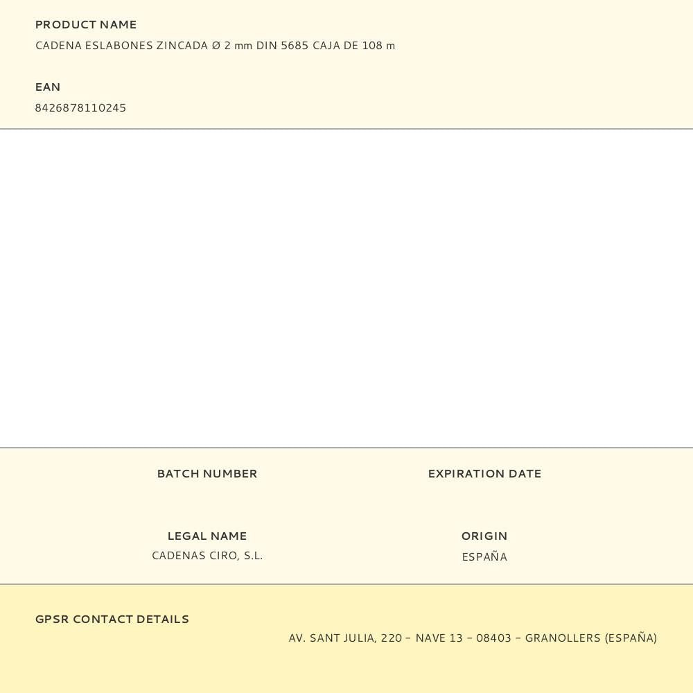 Cadena eslabones zincada ø 2 mm din 5685 caja de 108 m