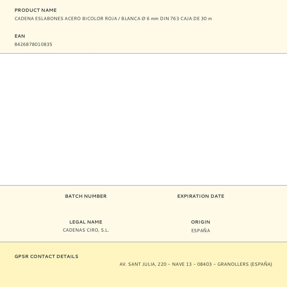 Cadena eslabones acero bicolor roja / blanca ø 6 mm din 763 caja de 30 m