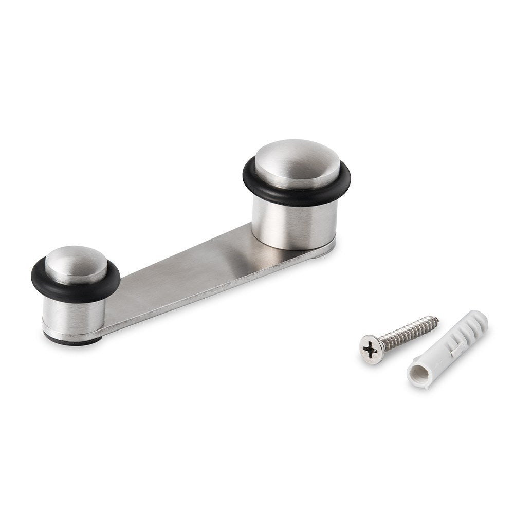 Tope de puerta y retenedor giratorio, de acero inoxidable, fijación con tornillos y adhesivo, blister