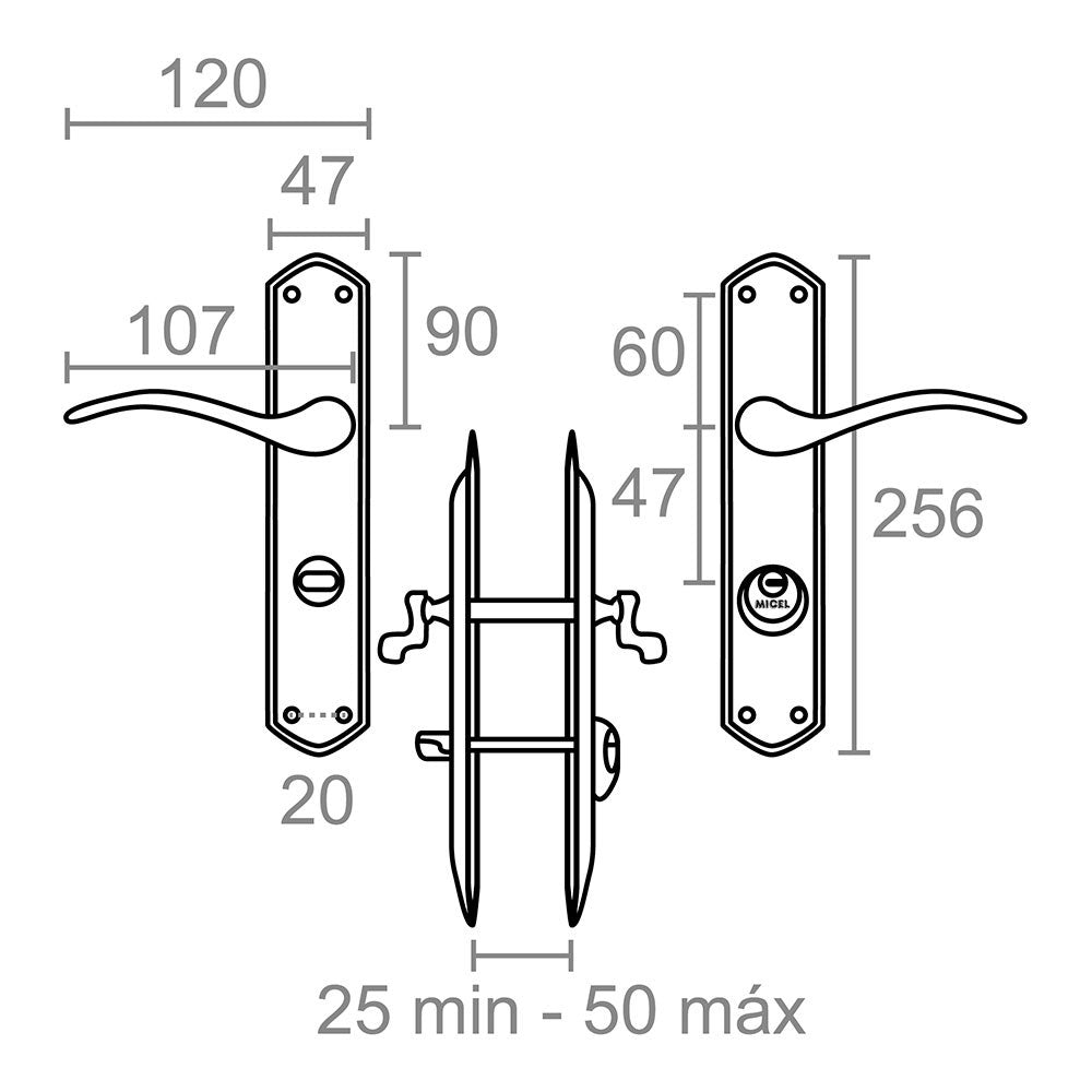 Juego de manilla con llave, modelo 202, derecha, de acero con acabado latonado, 47 mm