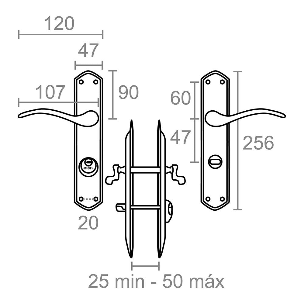 Juego de manilla con llave, modelo 202, izquierda, de acero con acabado latonado, 47 mm
