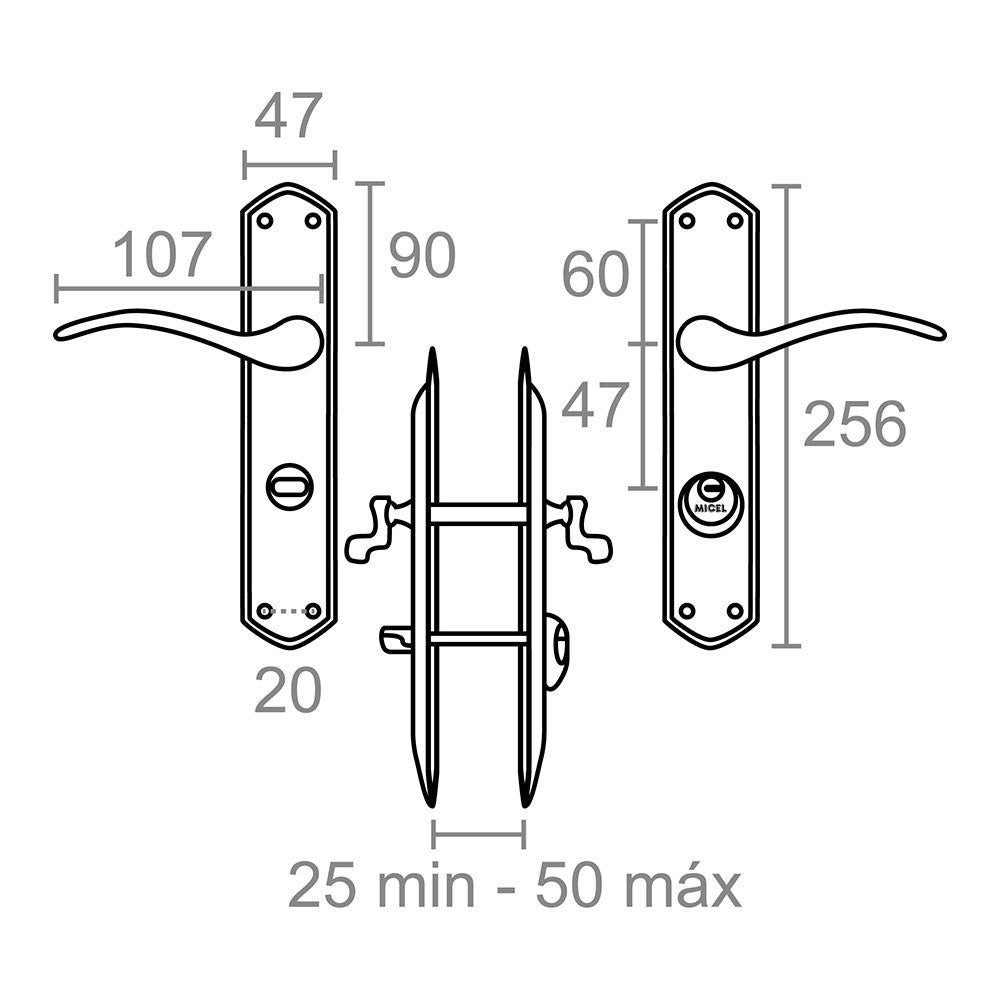 Juego de manilla con llave, modelo 202, derecha, de acero con acabado níquel satinado, 47 mm