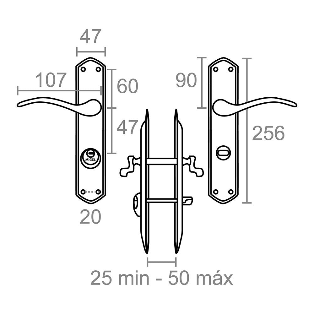Juego de manilla con llave, modelo 202, izquierda, de acero con acabado níquel satinado, 47 mm