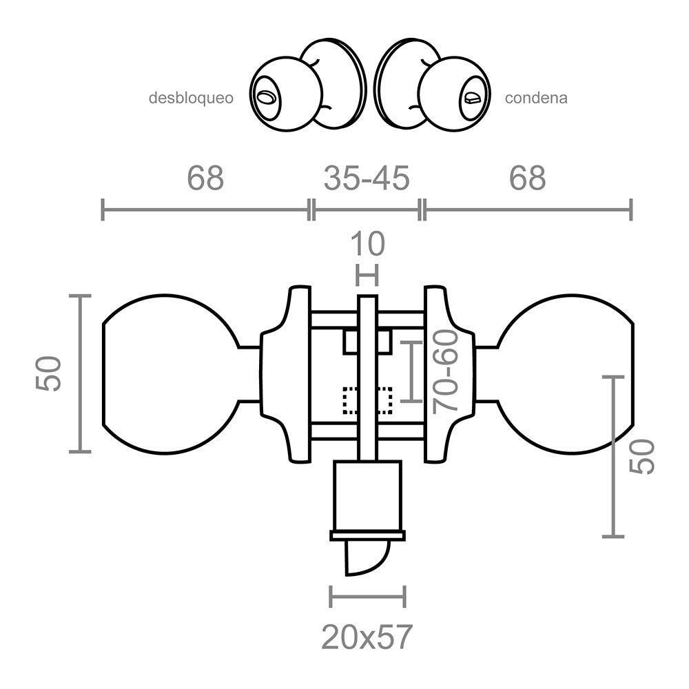 Pomo puerta con condena, forma bola, modelo pp07, de acero inoxidable con acabado en inox, blister