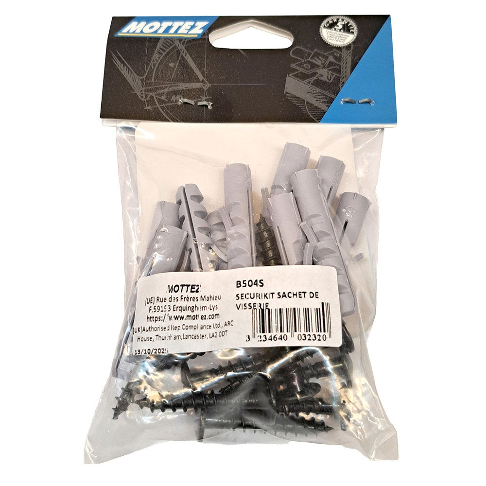 Kit montaje barras de seguridad, 10 tornillos de acero y 10 tacos, blister
