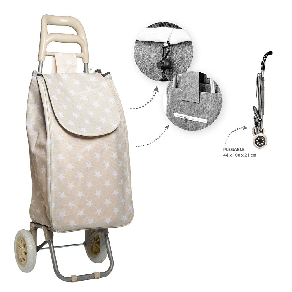 Carro de la compra plegable, beige de estrellas, 2 ruedas