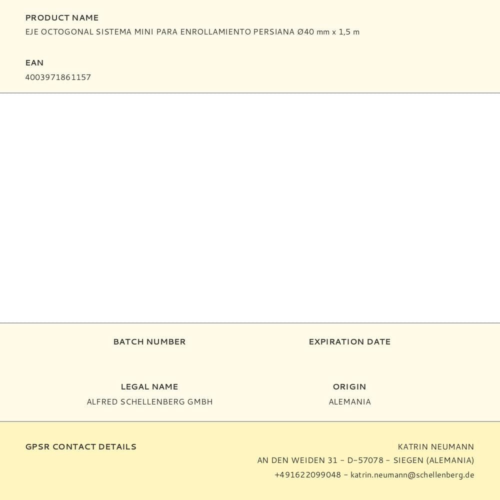 Eje octogonal sistema mini para enrollamiento persiana ø40 mm x 1,5 m