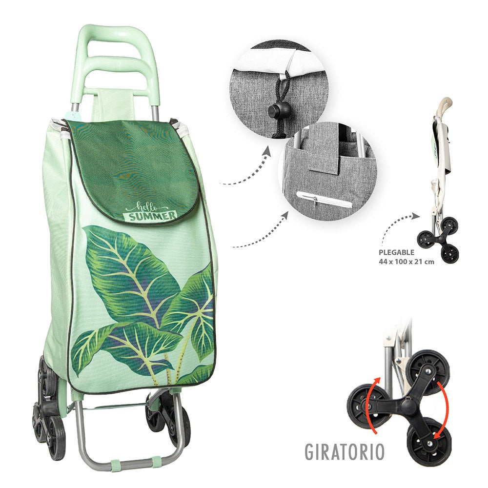 Carro de la compra plegable, verde con hojas, 6 ruedas
