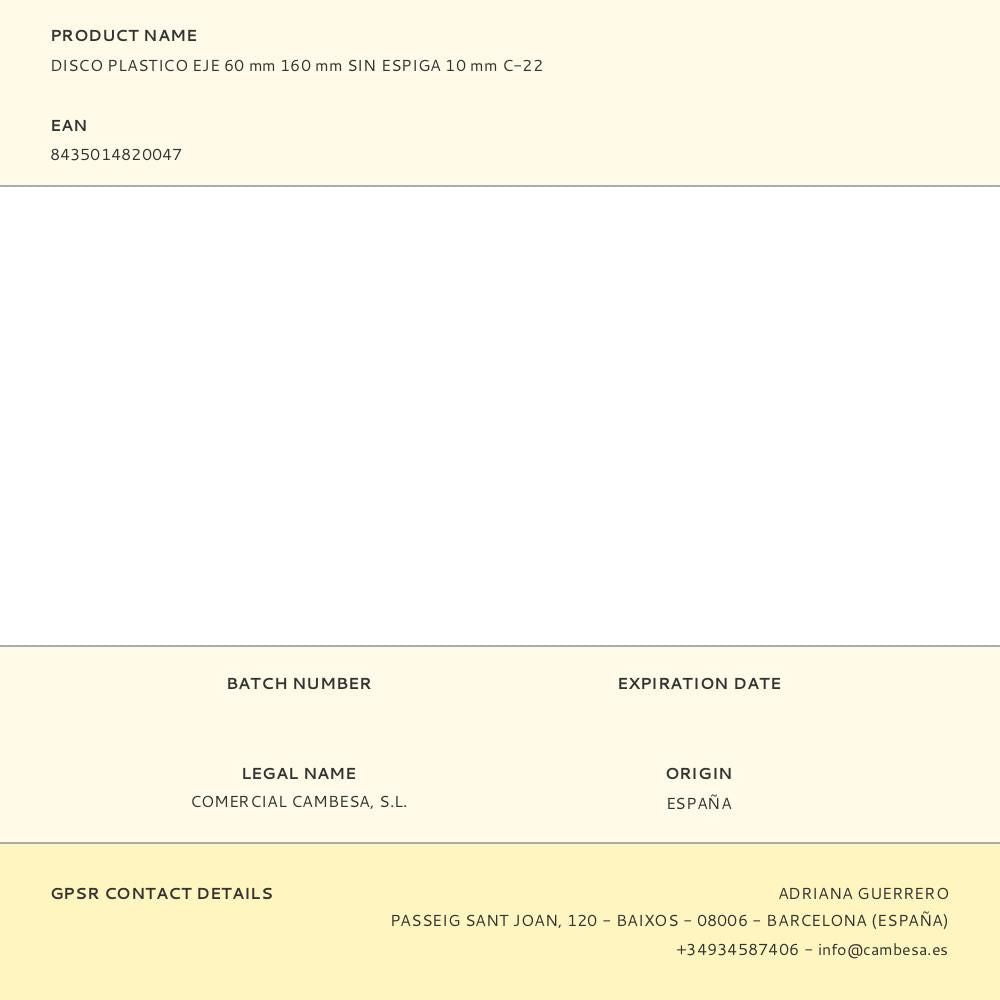 Disco plastico eje 60 mm 160 mm sin espiga 10 mm c-22