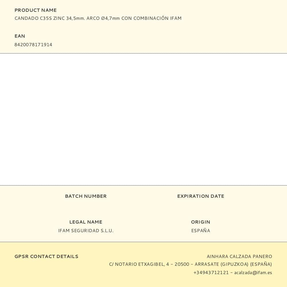 Candado c35s zinc 34,5mm. arco ø4,7mm con combinación ifam