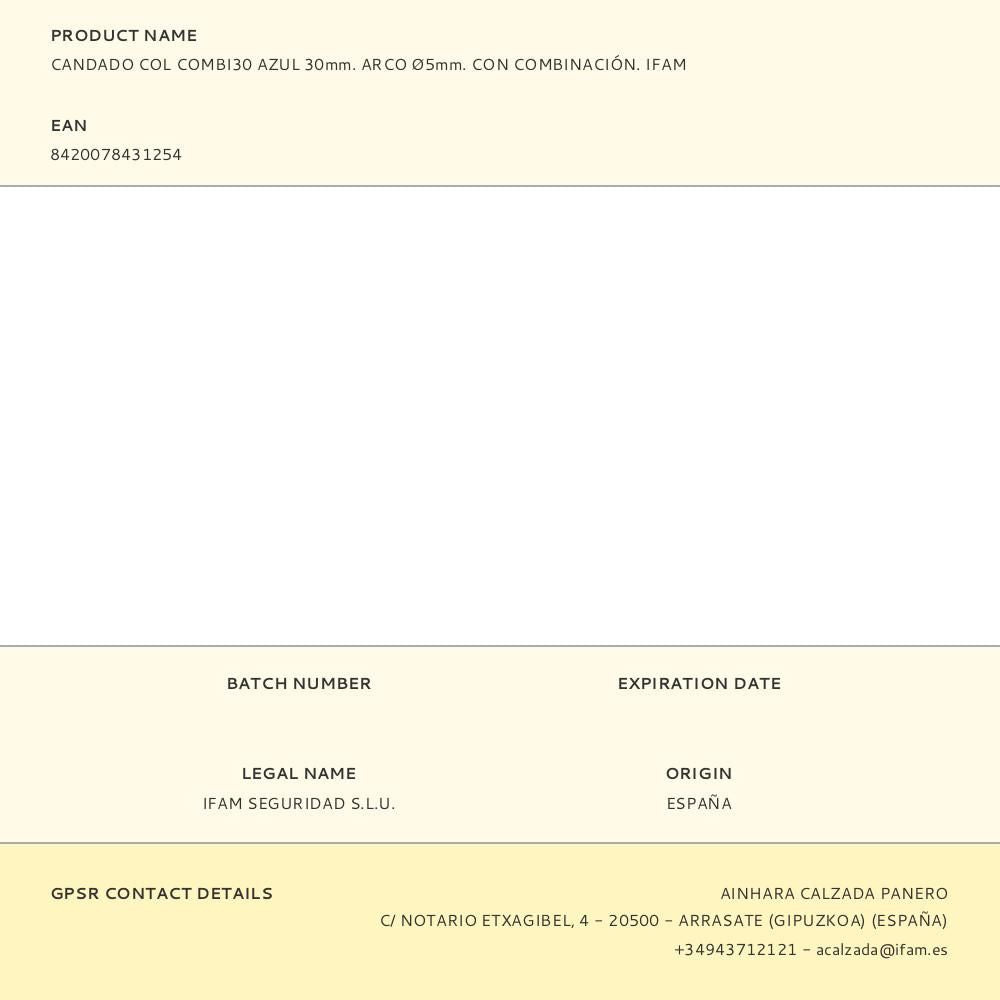 Candado col combi30 azul 30mm. arco ø5mm. con combinación. ifam