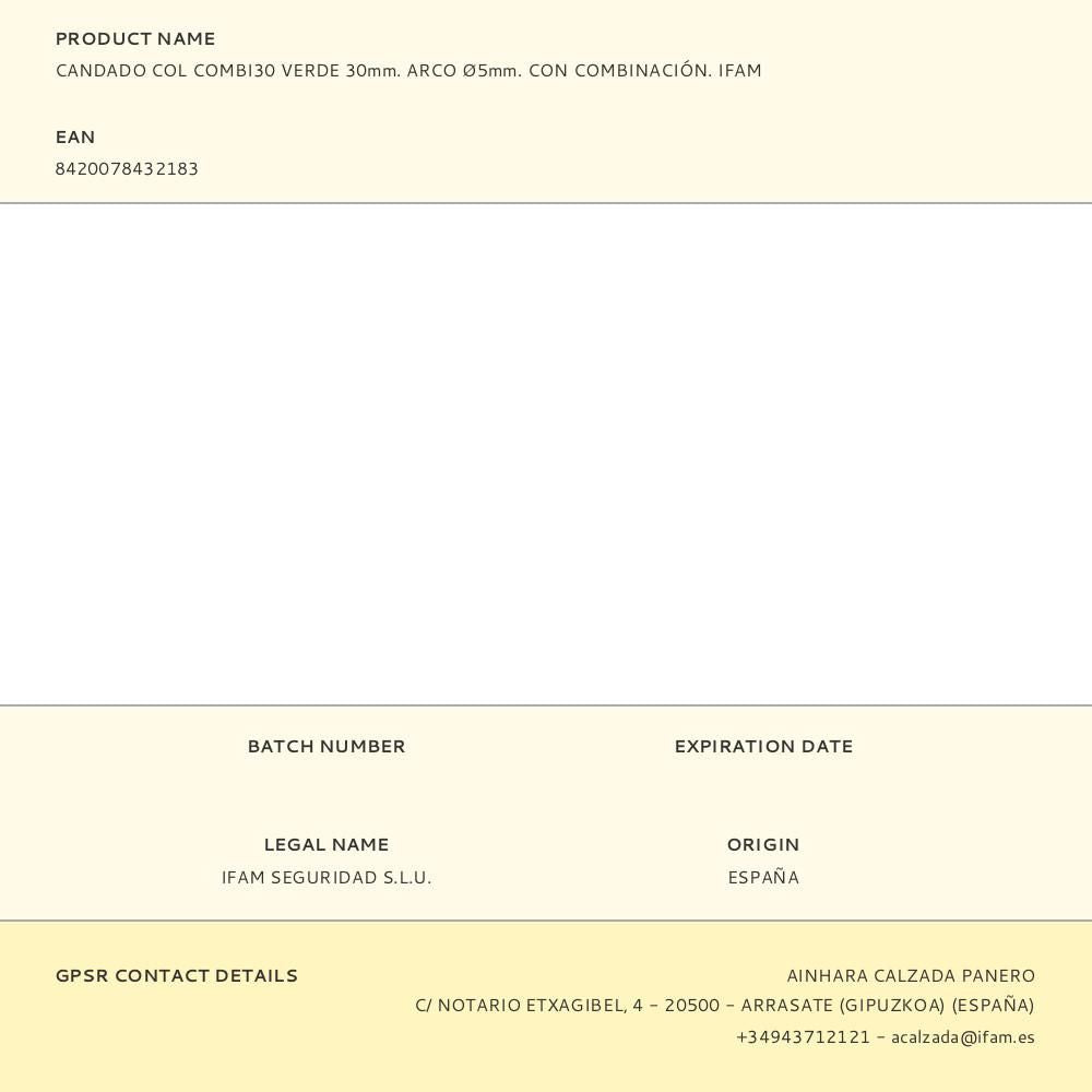 Candado col combi30 verde 30mm. arco ø5mm. con combinación. ifam