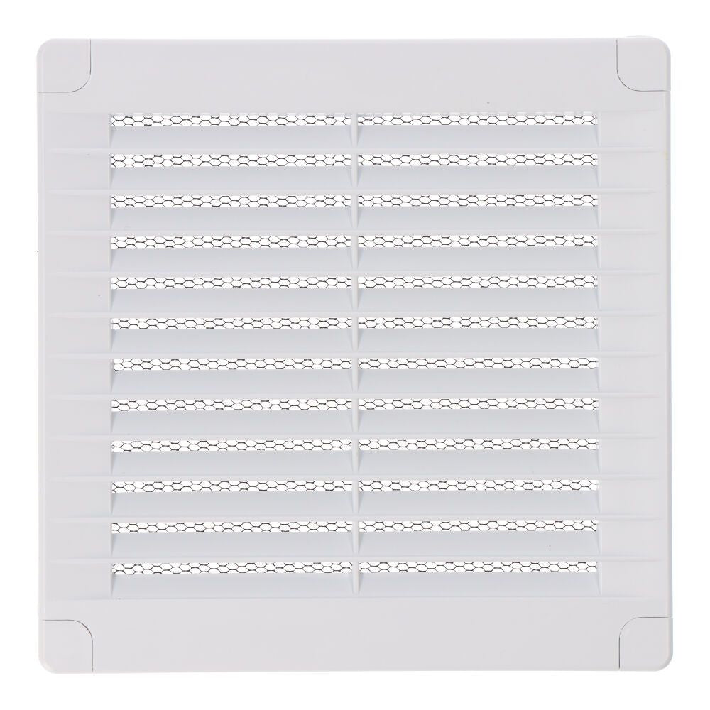 Rejilla ventilación cuadrada con tapones y mosquitera 150x150x7mm abs blanca