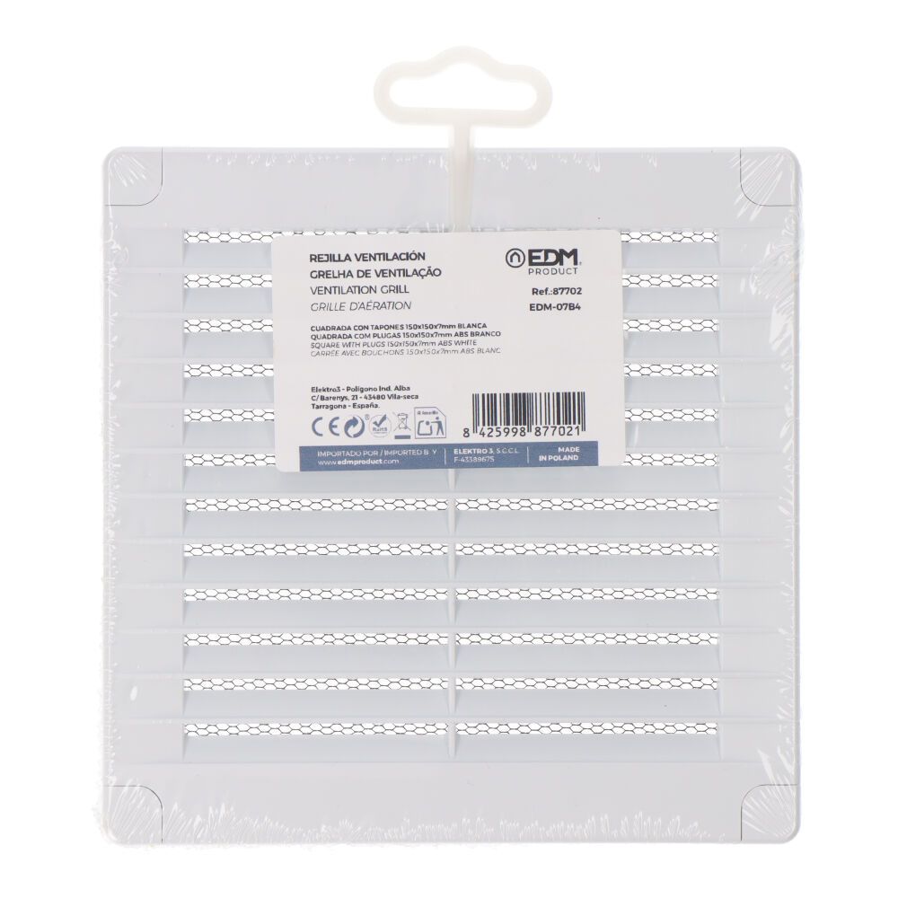 Rejilla ventilación cuadrada con tapones y mosquitera 150x150x7mm abs blanca