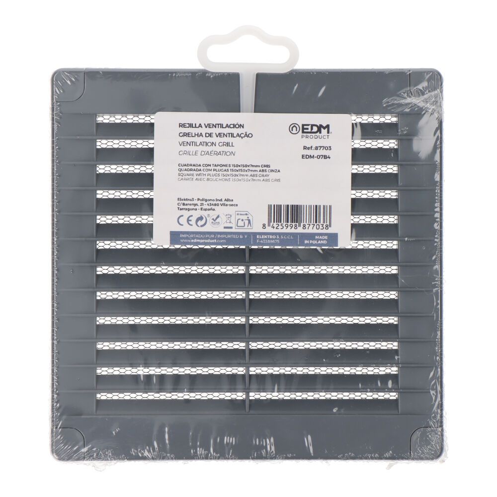 Rejilla ventilación cuadrada con tapones y mosquitera 150x150x7mm abs gris